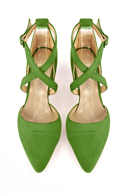 Grass green women's open side shoes, with crossed straps. Tapered toe. High slim heel. Top view - Florence KOOIJMAN